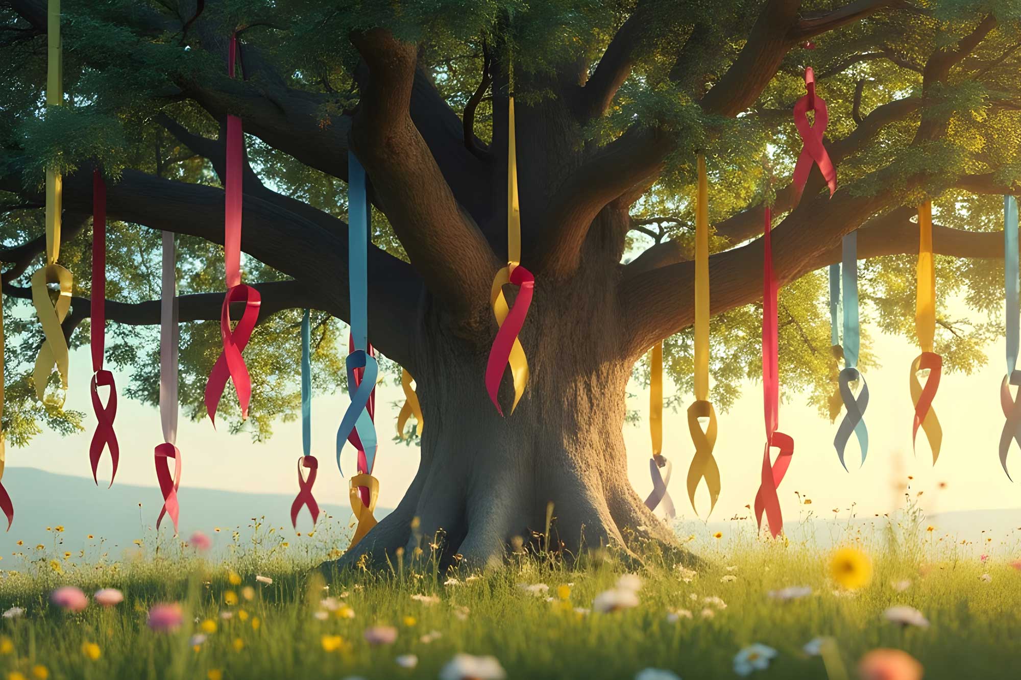 Tree with Ribbons Representing Cancer Loss